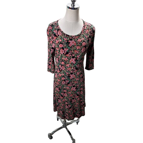 Peruvian Connection Dress Women's Size Small Black Pink Floral Pima Cotton Midi - Picture 1 of 6